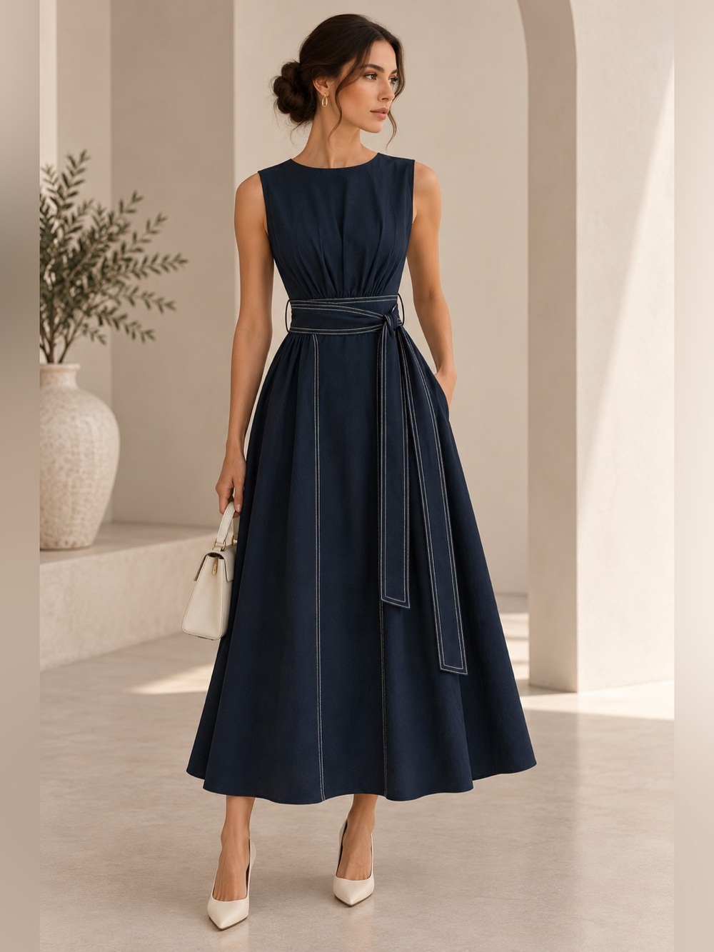 Commense Navy Cotton Linen Belted Midi Dress L | European Minimalist